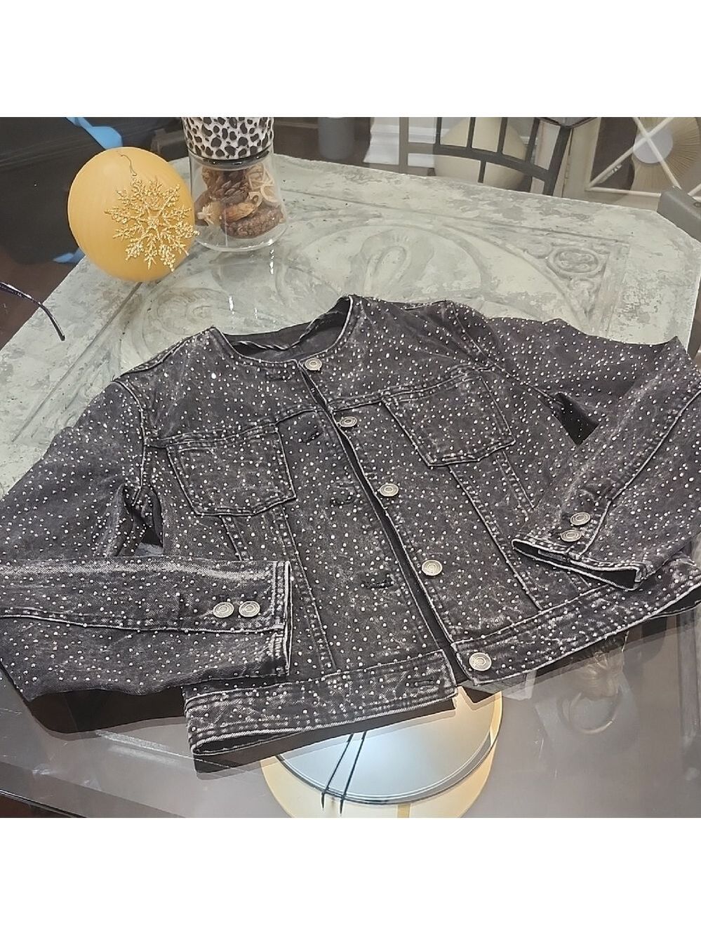 Zara Sequinned Denim Jacket ZW Collection Grey Rhinestone S New